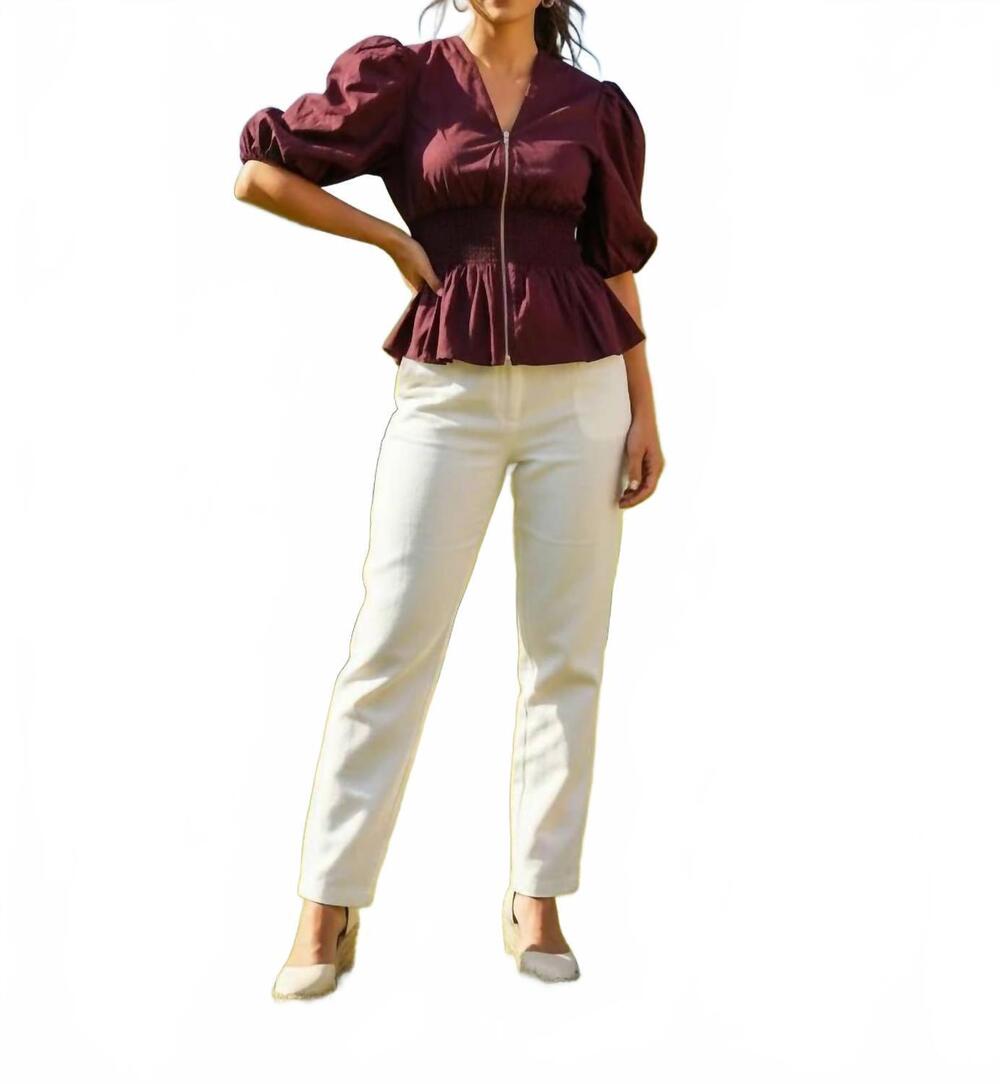 NEW SHE + SKY women's sweet magnolia puff blouse in wine